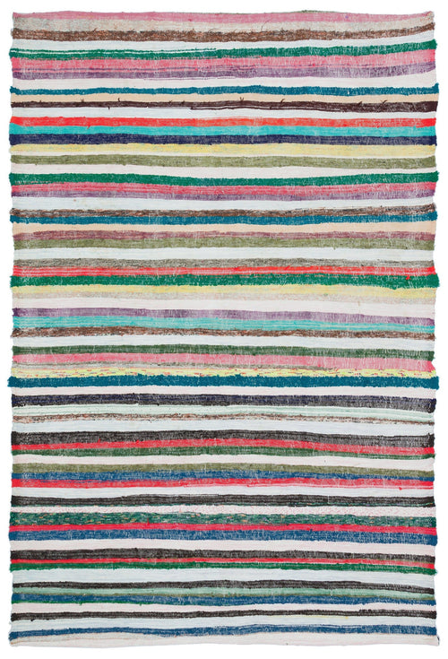 Girit Beige Striped Wool Handmade Area Rug 5'3" x 7'7"