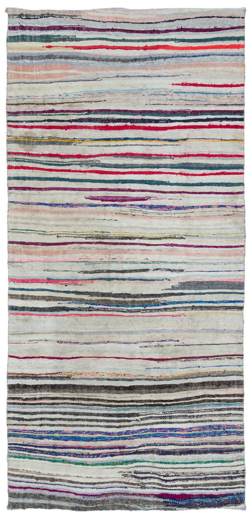 Girit Beige Striped Wool Handmade Area Rug 5'2" x 10'4"