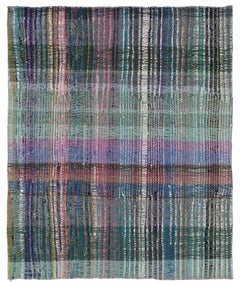 Girit Turquoise Striped Wool Handmade Area Rug 5'10" x 4'9"