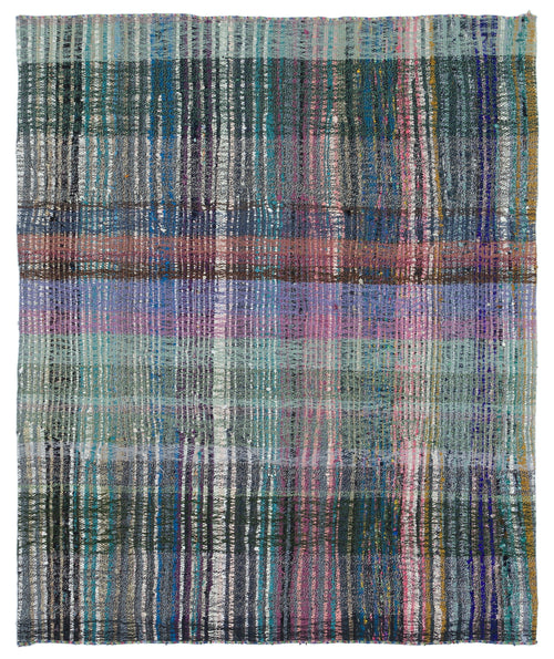 Girit Turquoise Striped Wool Handmade Area Rug 5'10" x 4'9"