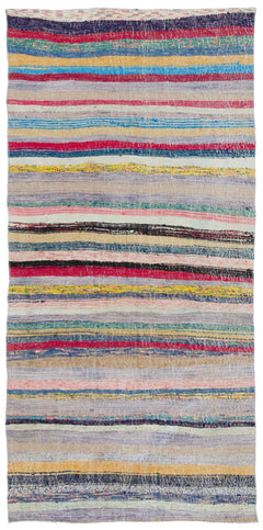 Girit Beige Striped Wool Handmade Area Rug 4'0" x 8'4"