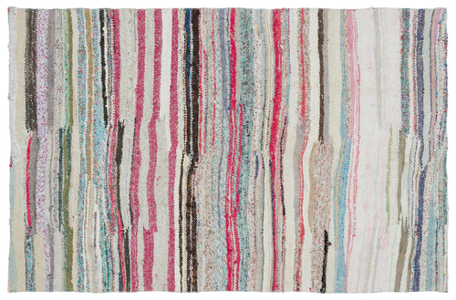 Girit Beige Striped Wool Handmade Area Rug 4'6" x 6'11"