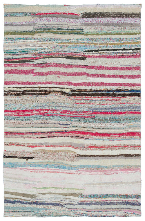 Girit Beige Striped Wool Handmade Area Rug 4'6" x 6'11"