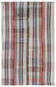 Girit Beige Striped Wool Handmade Area Rug 4'4" x 6'9"