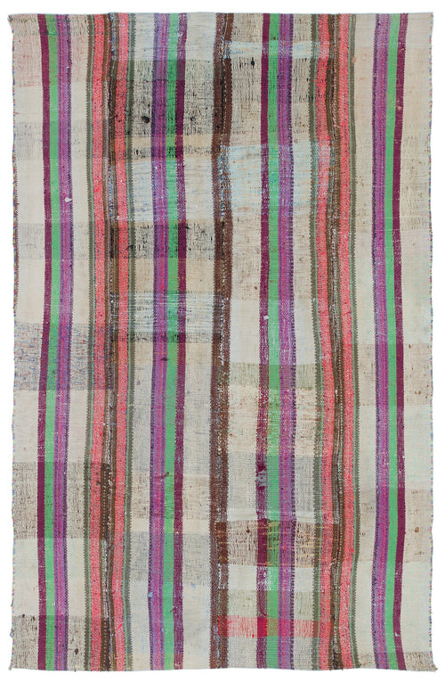 Girit Beige Striped Wool Handmade Area Rug 4'4" x 6'9"