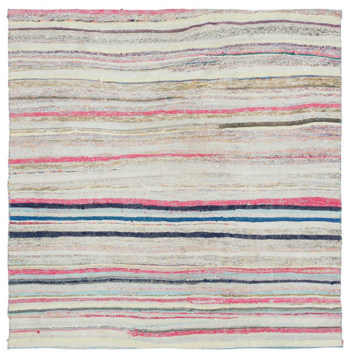 Girit Beige Striped Wool Handmade Area Rug 5'1" x 5'2"