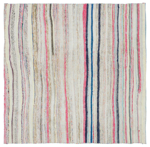 Girit Beige Striped Wool Handmade Area Rug 5'1" x 5'2"
