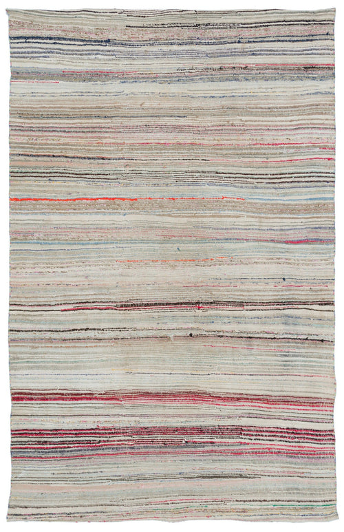 Girit Beige Striped Wool Handmade Area Rug 4'9" x 9'3"