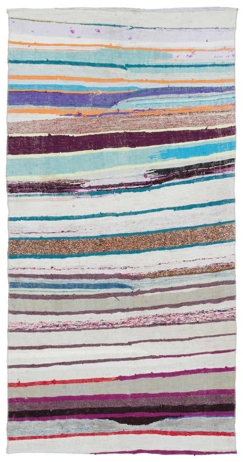 Girit Beige Striped Wool Handmade Area Rug 4'1" x 8'2"