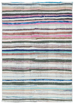 Girit Beige Striped Wool Handmade Area Rug 5'3" x 7'3"