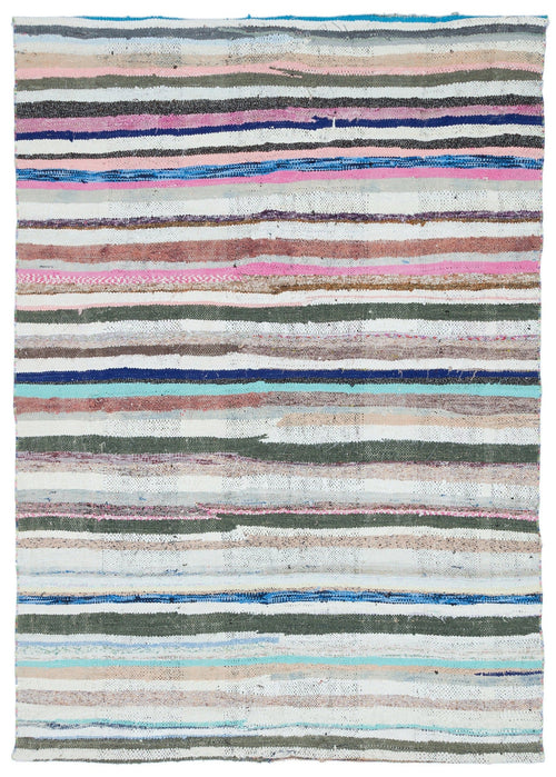 Girit Beige Striped Wool Handmade Area Rug 5'3" x 7'3"