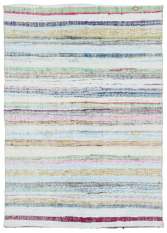 Girit Beige Striped Wool Handmade Area Rug 4'6" x 6'4"