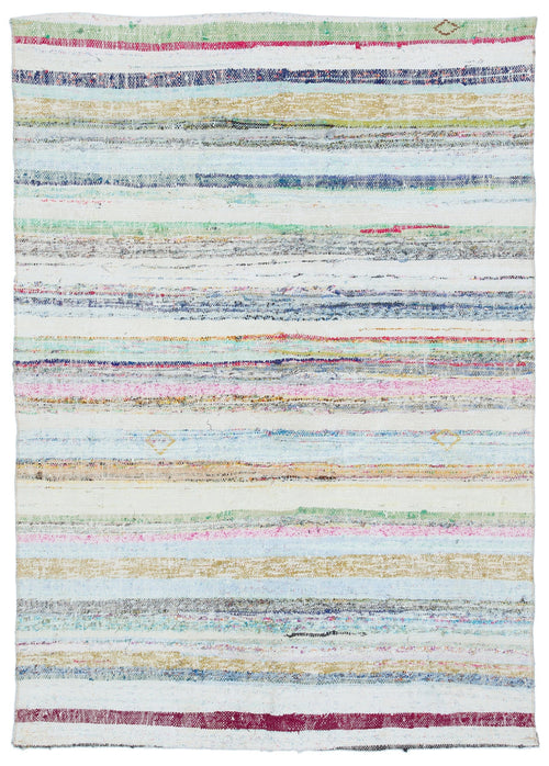 Girit Beige Striped Wool Handmade Area Rug 4'6" x 6'4"