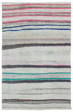 Girit Beige Striped Wool Handmade Area Rug 5'5" x 8'5"