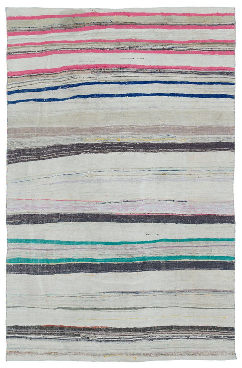 Girit Beige Striped Wool Handmade Area Rug 5'5" x 8'5"