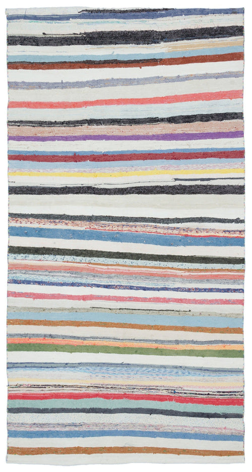 Girit Beige Striped Wool Handmade Area Rug 5'2" x 9'2"