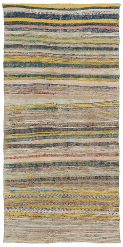 Girit Beige Striped Wool Handmade Area Rug 4'4" x 8'11"