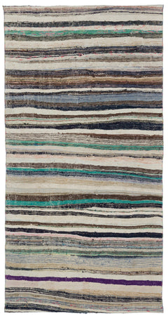Girit Beige Striped Wool Handmade Area Rug 4'2" x 8'2"