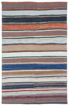 Girit Beige Striped Wool Handmade Area Rug 5'1" x 8'0"