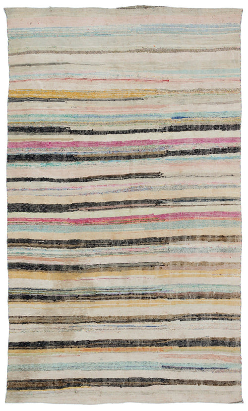 Girit Beige Striped Wool Handmade Area Rug 6'1" x 9'5"
