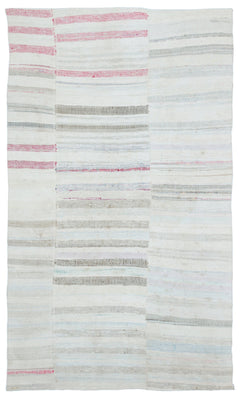 Girit White Striped Wool Handmade Area Rug 4'11" x 8'5"