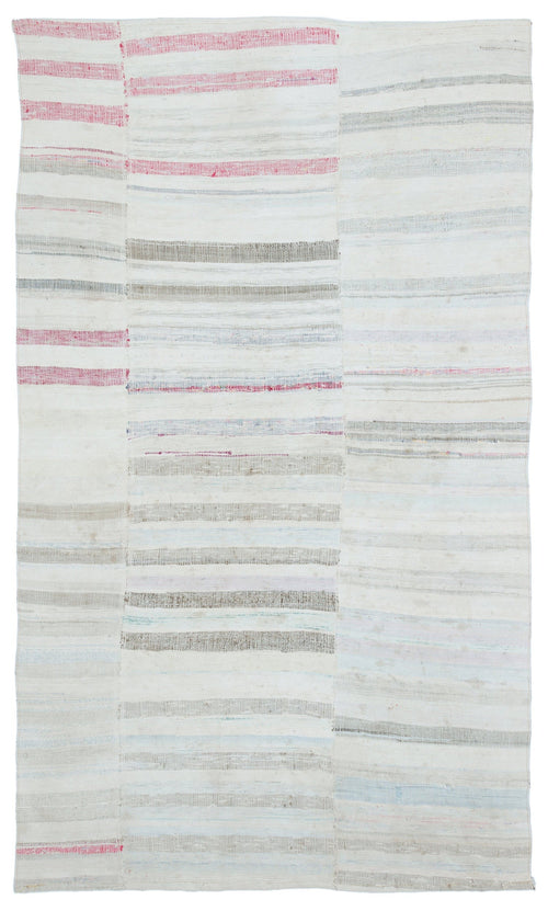 Girit White Striped Wool Handmade Area Rug 4'11" x 8'5"