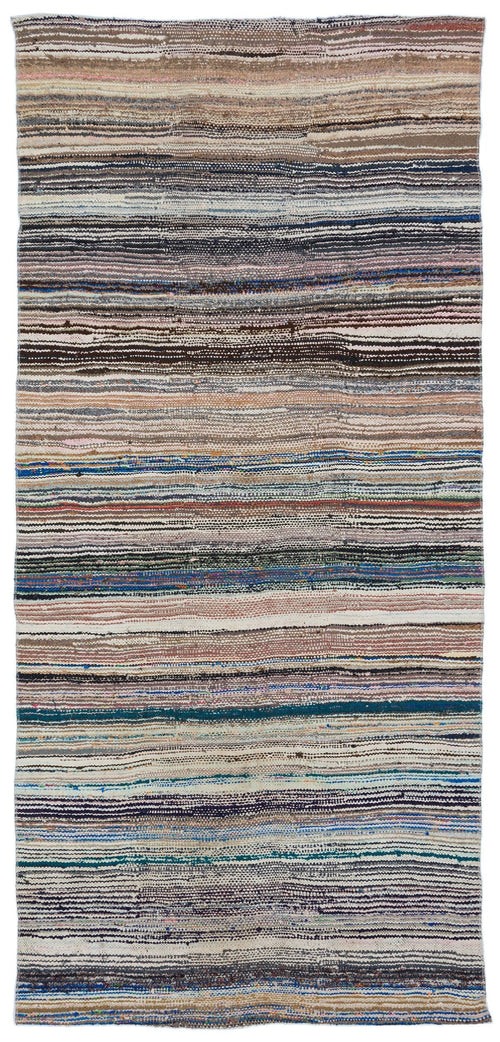 Girit Beige Striped Wool Handmade Area Rug 4'6" x 9'7"