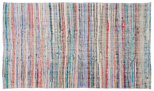 Girit White Striped Wool Handmade Area Rug 4'7" x 7'9"