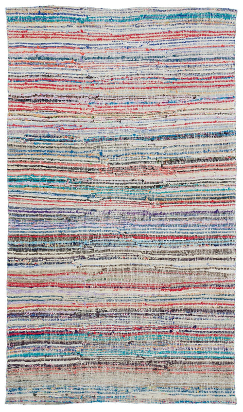 Girit White Striped Wool Handmade Area Rug 4'7" x 7'9"