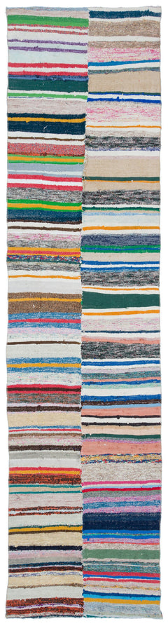 Girit Beige Striped Wool Handmade Area Rug 3'2" x 12'7"