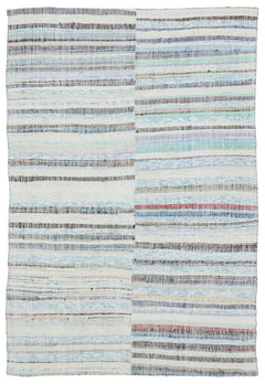 Girit Blue Striped Wool Handmade Area Rug 5'2" x 7'7"