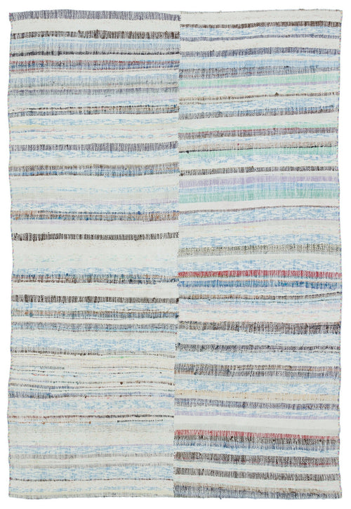 Girit Blue Striped Wool Handmade Area Rug 5'2" x 7'7"