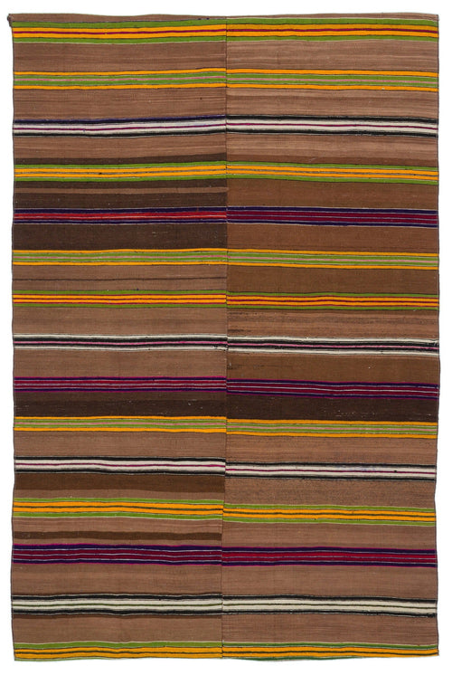 Girit Brown Striped Wool Handmade Area Rug 4'8" x 6'11"