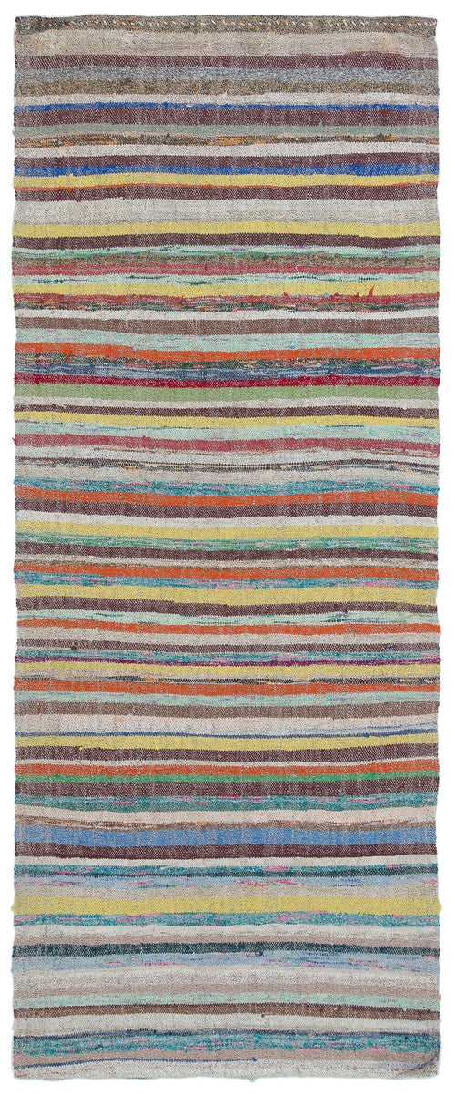 Girit Beige Striped Wool Handmade Area Rug 3'3" x 7'9"