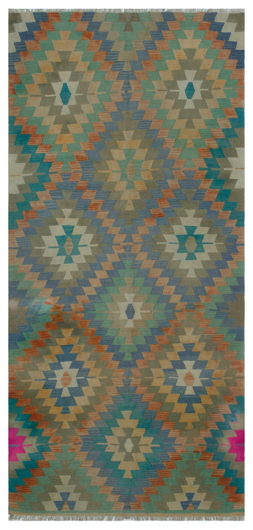 Girit Green Geometric Wool Handmade Area Rug 4'4" x 9'2"