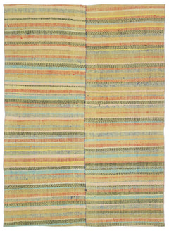 Girit Beige Striped Wool Handmade Area Rug 5'4" x 8'11"