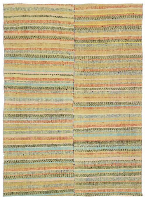 Girit Beige Striped Wool Handmade Area Rug 5'4" x 8'11"