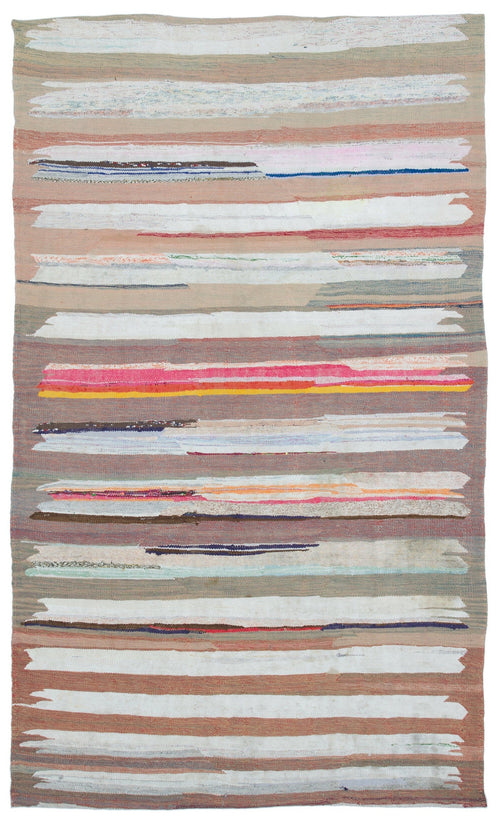 Girit Beige Striped Wool Handmade Area Rug 5'1" x 8'2"