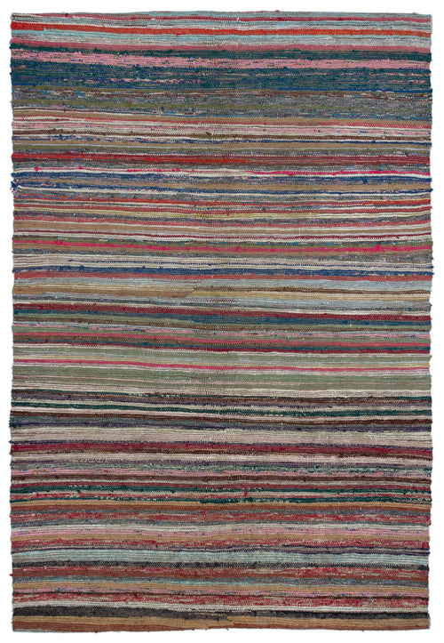 Girit Beige Striped Wool Handmade Area Rug 5'2" x 9'1"