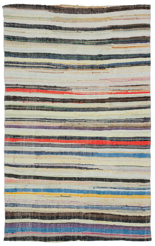 Girit Beige Striped Wool Handmade Area Rug 5'9" x 8'10"