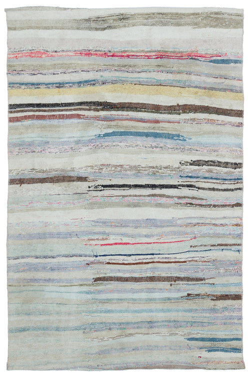 Girit Beige Striped Wool Handmade Area Rug 4'4" x 6'8"