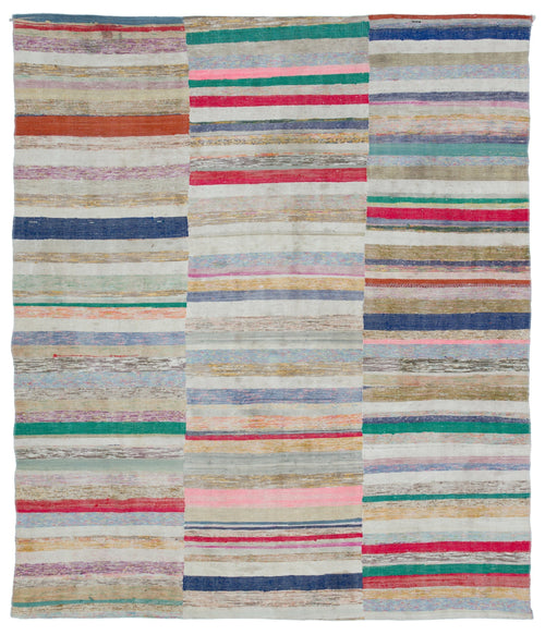 Girit Beige Striped Wool Handmade Area Rug 5'10" x 9'3"