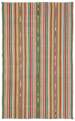 Girit Green Striped Wool Handmade Area Rug 5'5" x 8'8"