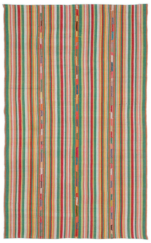 Girit Green Striped Wool Handmade Area Rug 5'5" x 8'8"