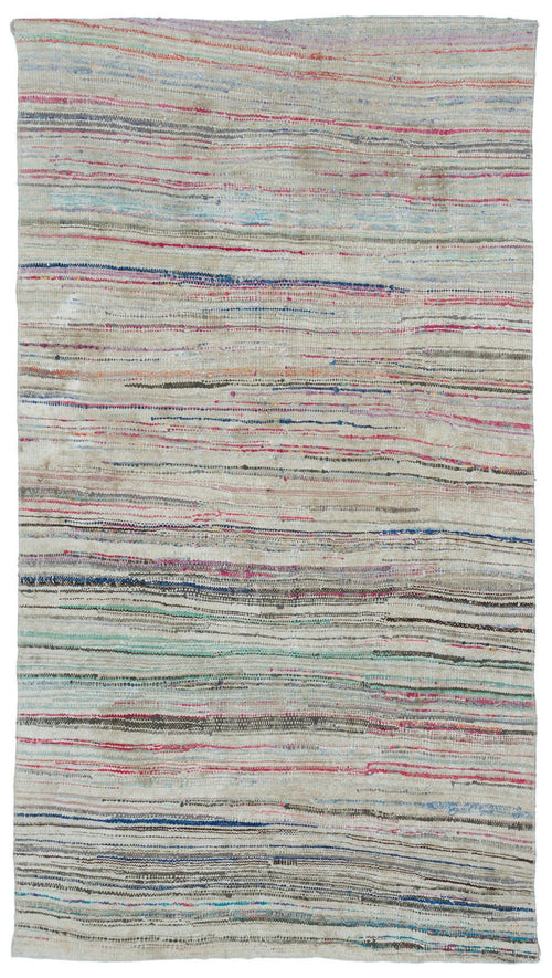 Girit Beige Striped Wool Handmade Area Rug 4'4" x 7'8"