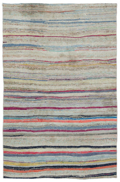 Girit Beige Striped Wool Handmade Area Rug 4'11" x 7'7"