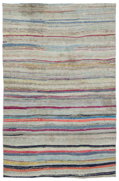 Girit Beige Striped Wool Handmade Area Rug 4'11" x 7'7"