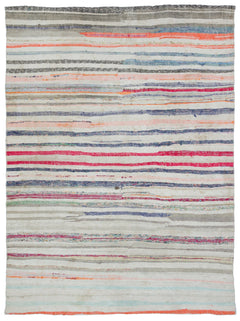 Girit Beige Striped Wool Handmade Area Rug 6'8" x 8'10"