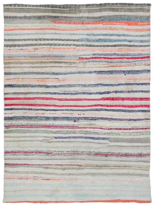Girit Beige Striped Wool Handmade Area Rug 6'8" x 8'10"