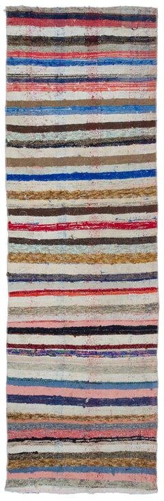 Girit Beige Striped Wool Handmade Area Rug 3'1" x 9'5"